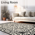 Black White Flourishing Scroll Pattern Rug