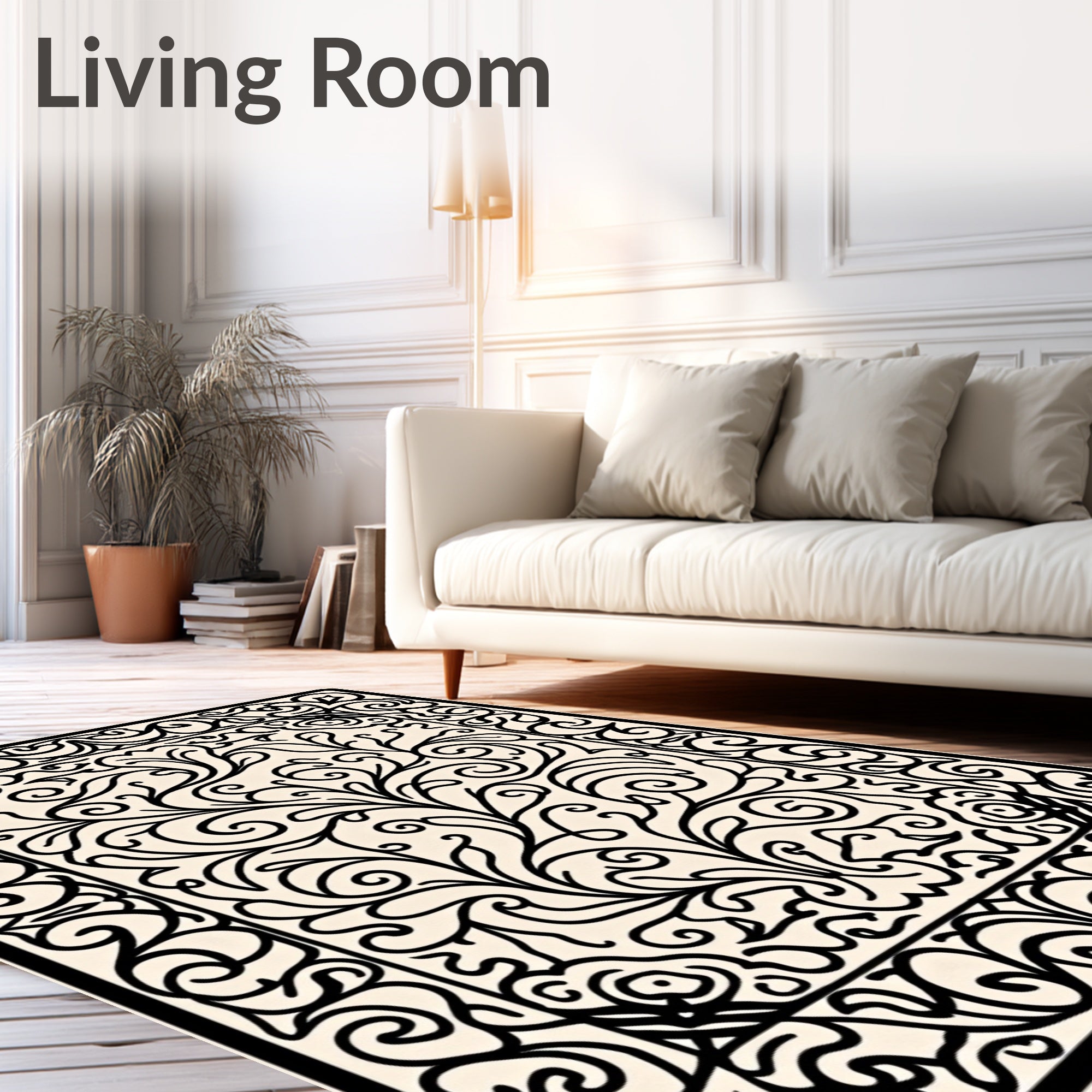Black White Flourishing Scroll Pattern Rug