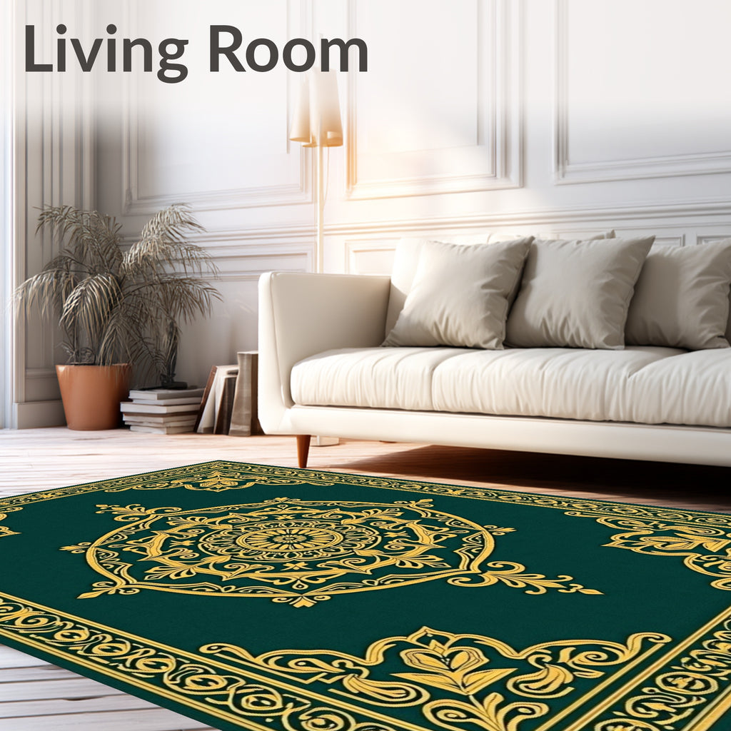 Elegant Teal Gold Medallion Design Rug
