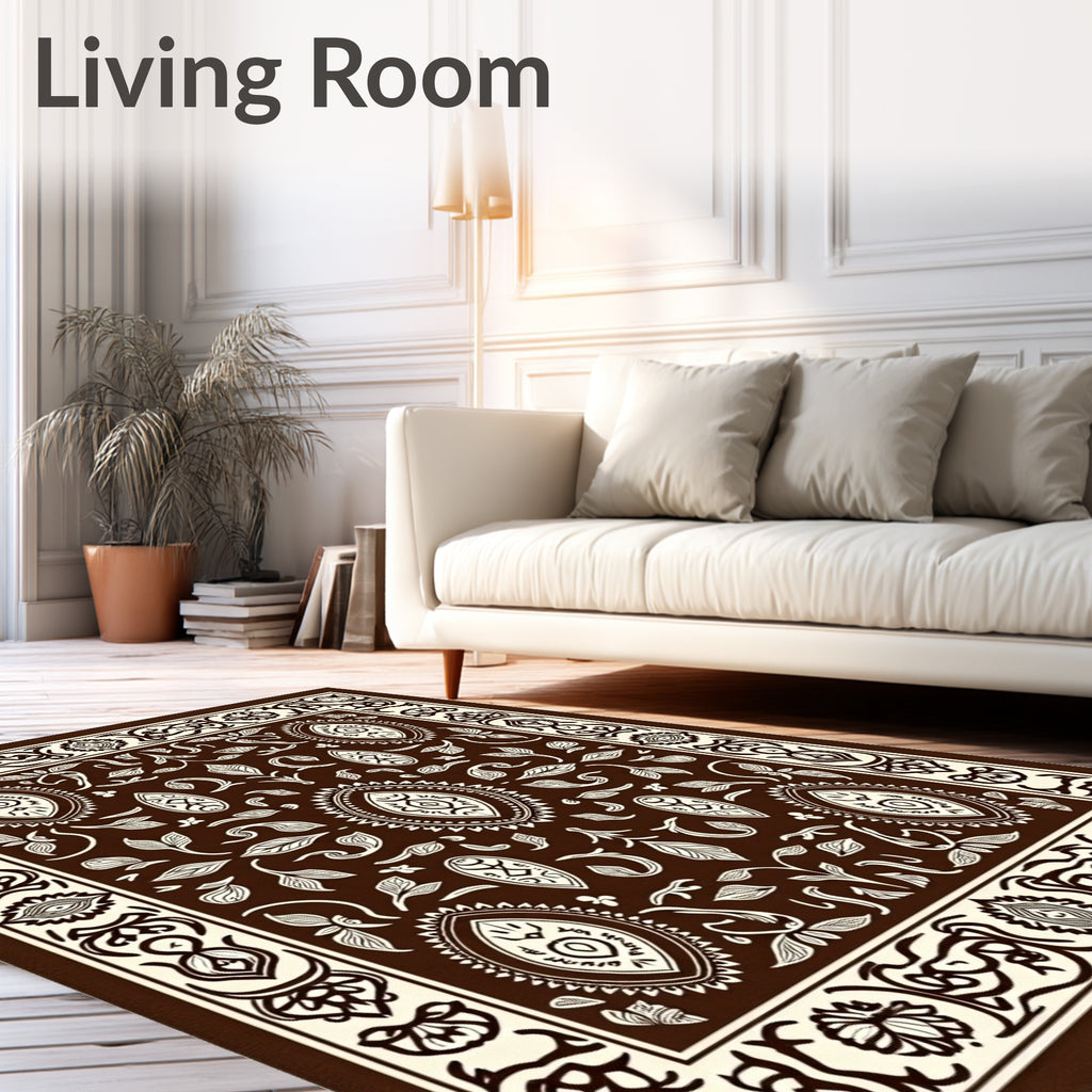 Ornate Floral Brown Cream Bordered Rug
