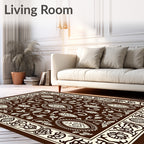 Ornate Floral Brown Cream Bordered Rug