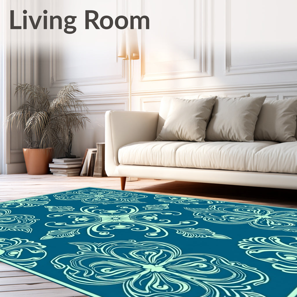 Intricate Teal Lace Floral Pattern Rug