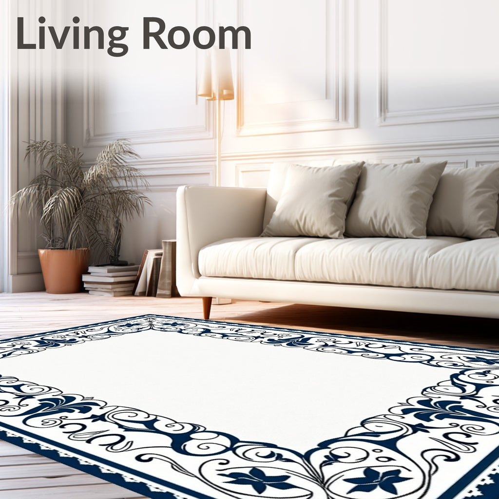 Navy Floral Scroll Border Rug