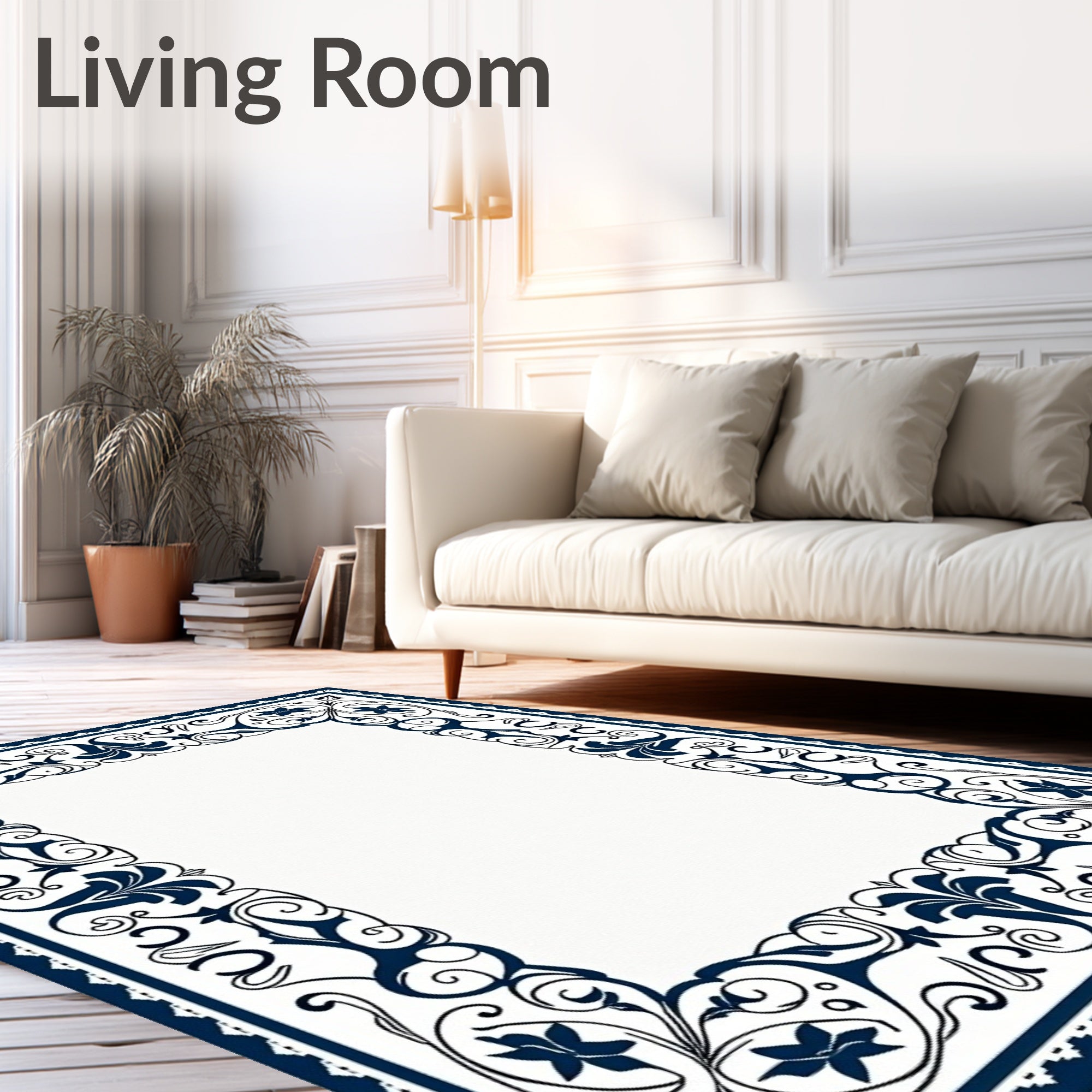 Navy Floral Scroll Border Rug