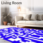 Abstract Blue White Geometric Grid Pattern Rug