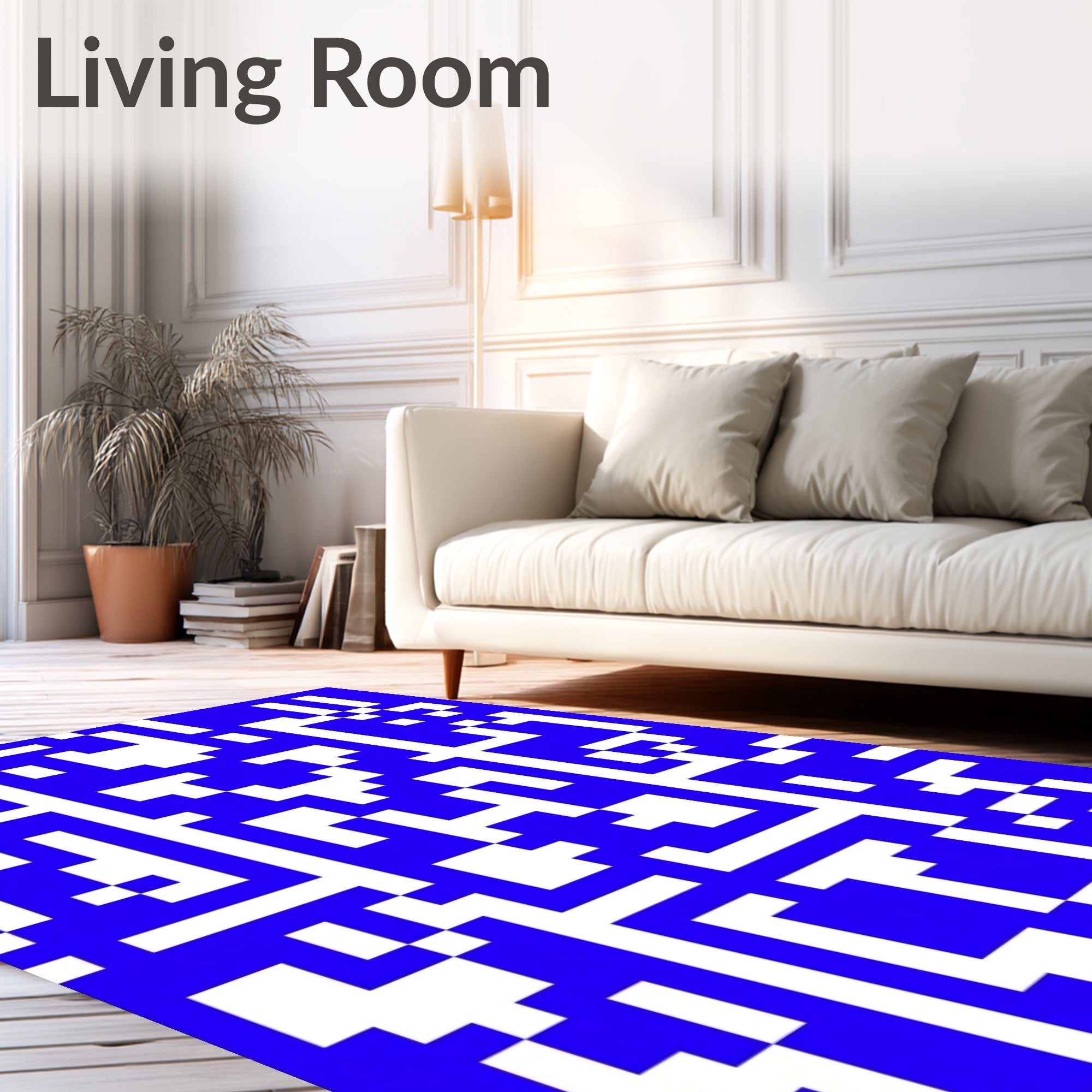 Abstract Blue White Geometric Grid Pattern Rug