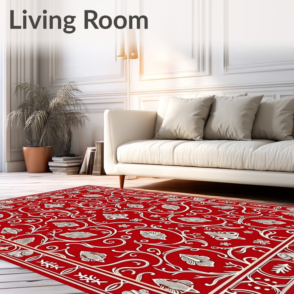 Vibrant Red White Floral Vine Scroll Rug