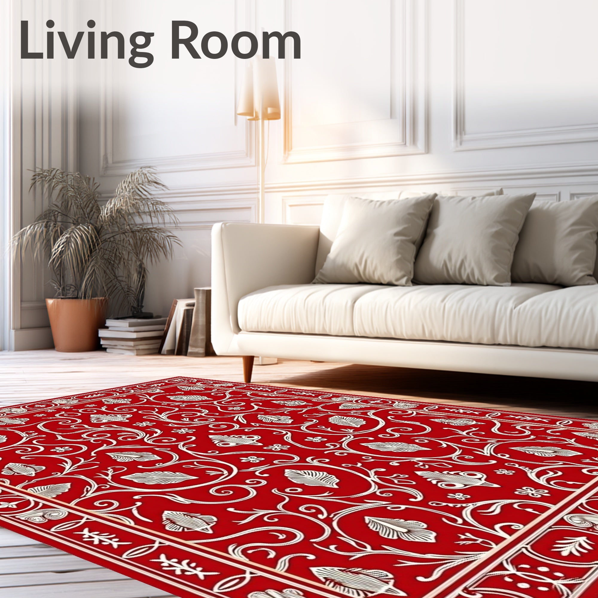 Vibrant Red White Floral Vine Scroll Rug