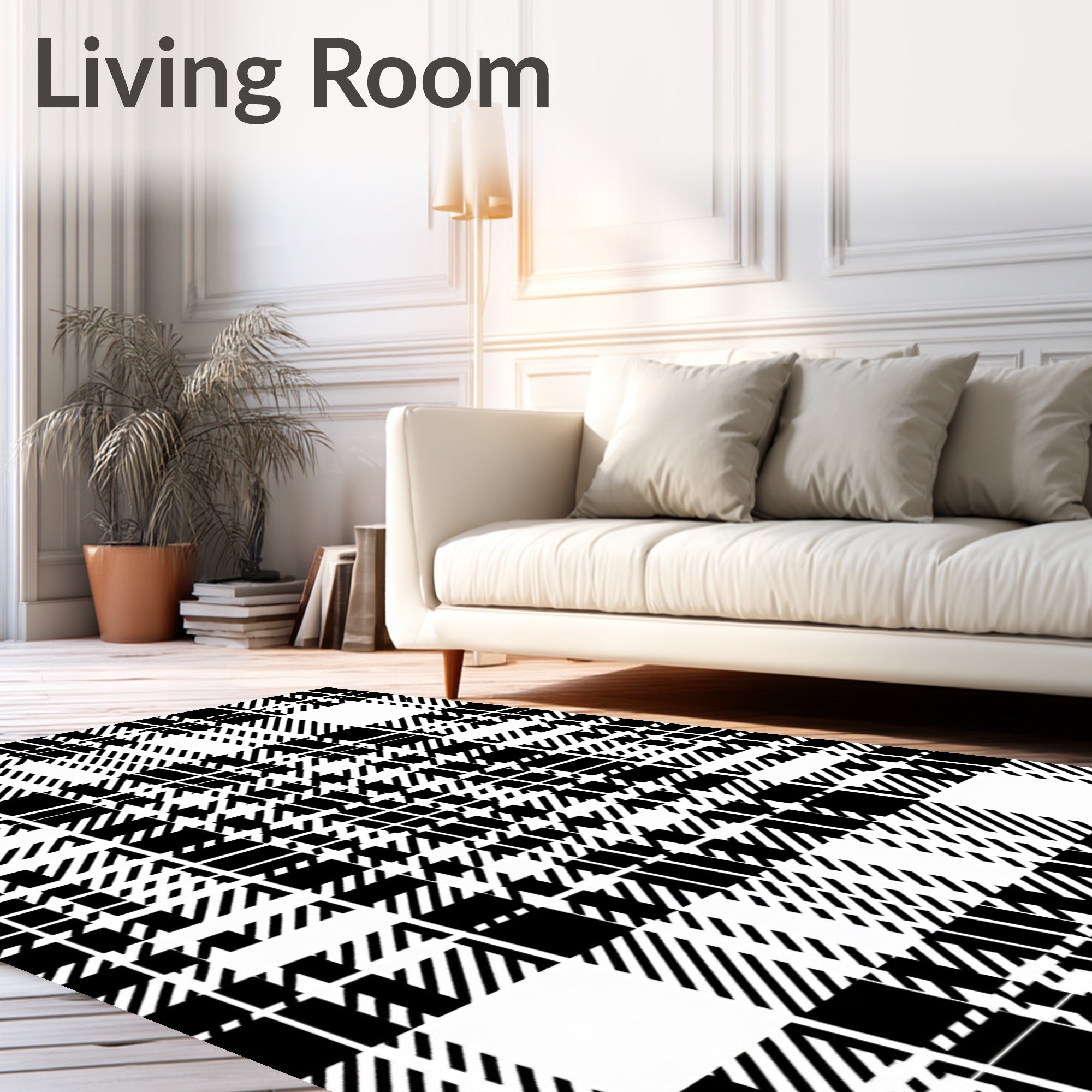 Bold Black White Plaid Pattern Rug
