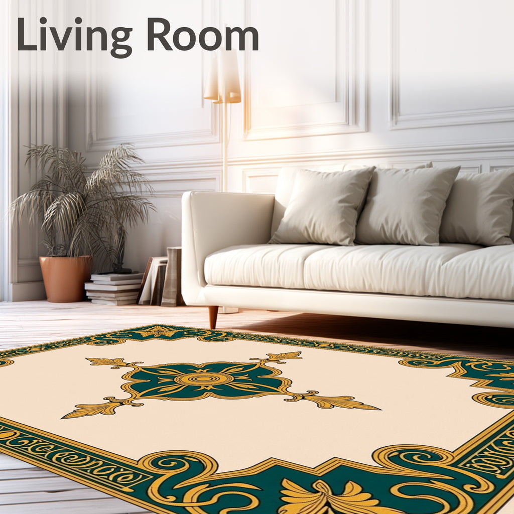 Ornate Teal Gold Floral Pattern Rug