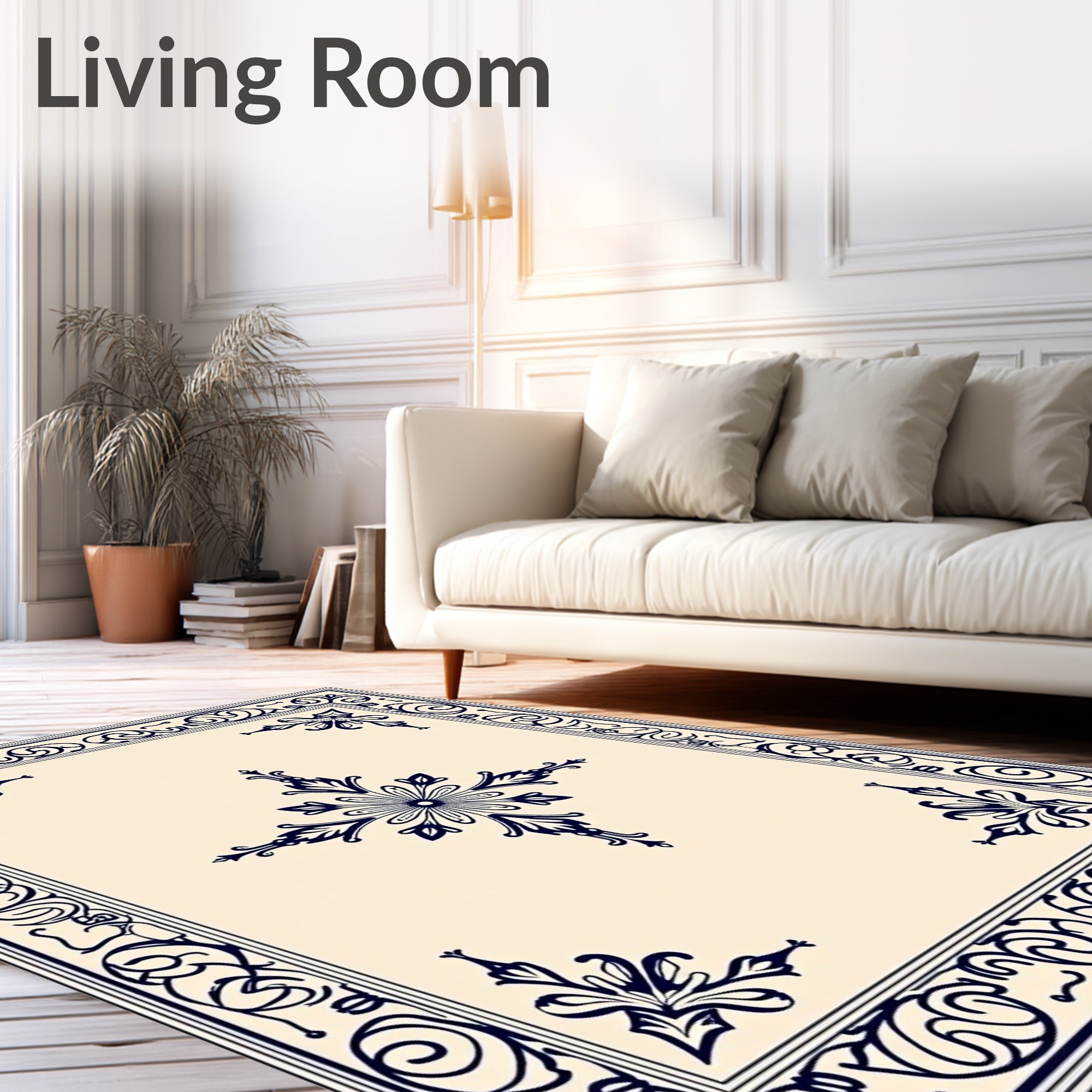 Intricate Floral Border Damask Pattern Rug