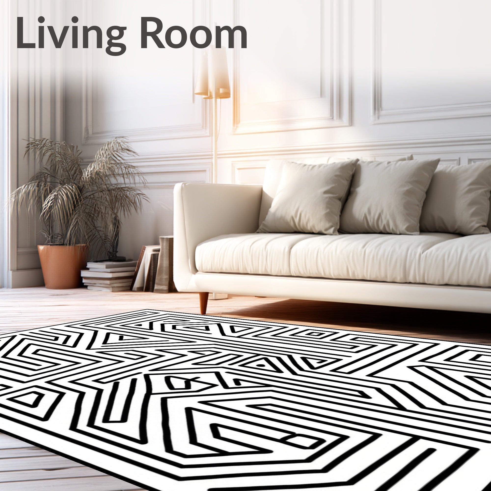 Modern Black White Geometric Maze Rug
