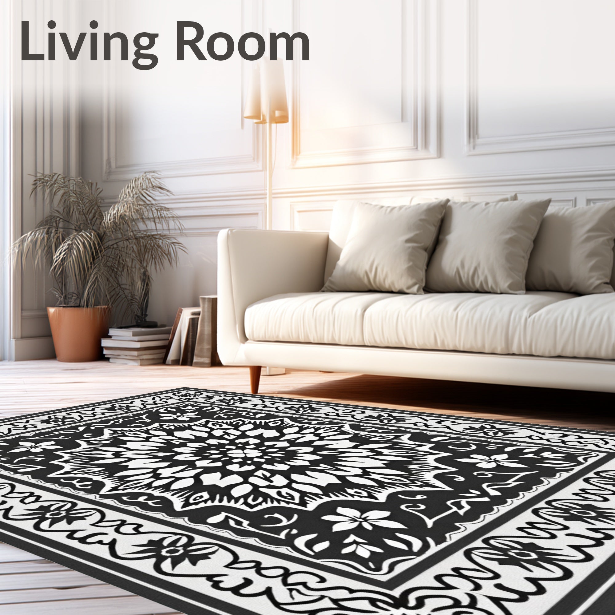 Monochromatic Floral Mandala Pattern Rug
