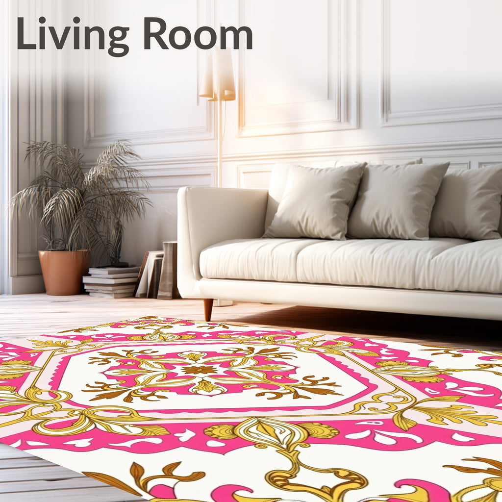 Ornate Pink Gold Floral Pattern Rug
