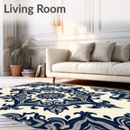 Dark Blue Cream Damask Pattern Rug