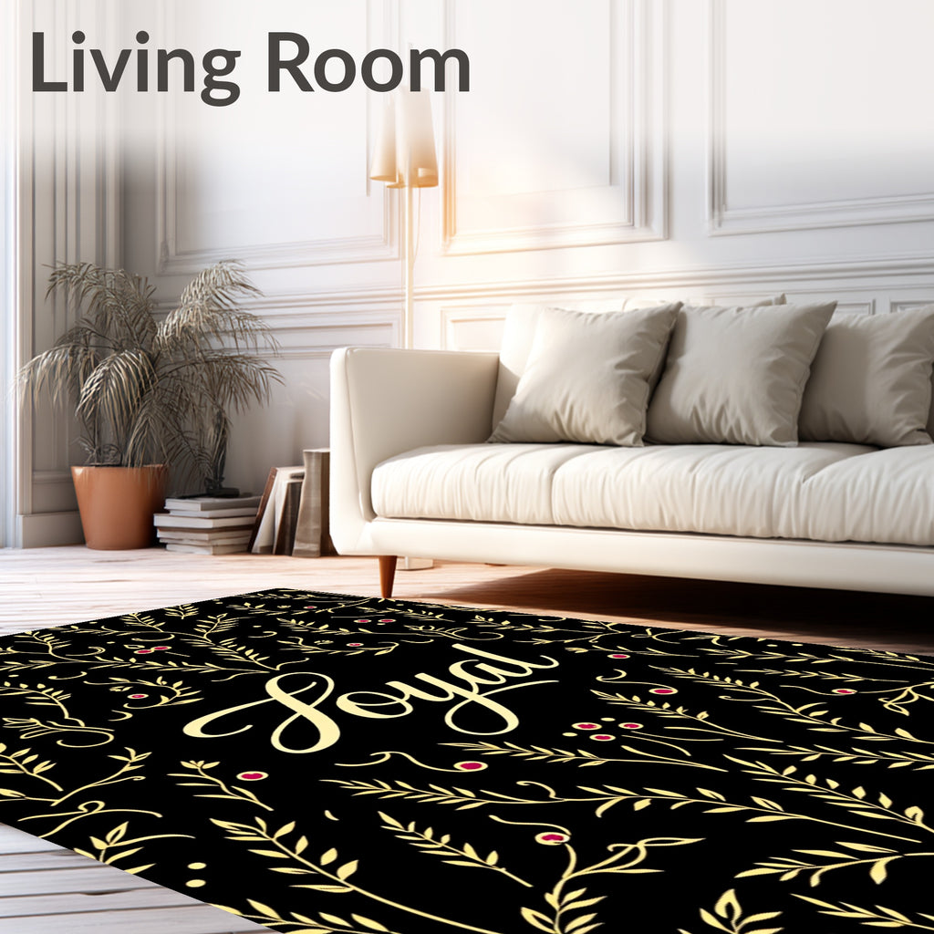 Golden Floral Black Vintage Script Rug