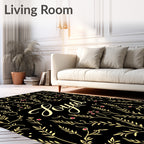 Golden Floral Black Vintage Script Rug