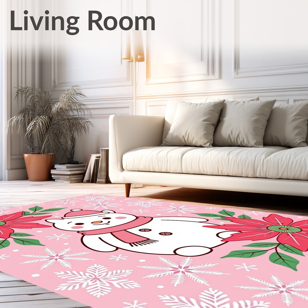Pink Snowman with Poinsettia Snowflakes Rug