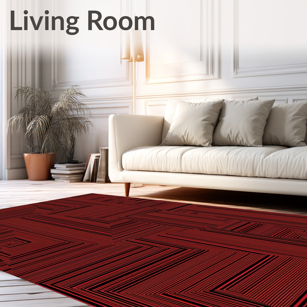 Red Black Abstract Geometric Lines Rug