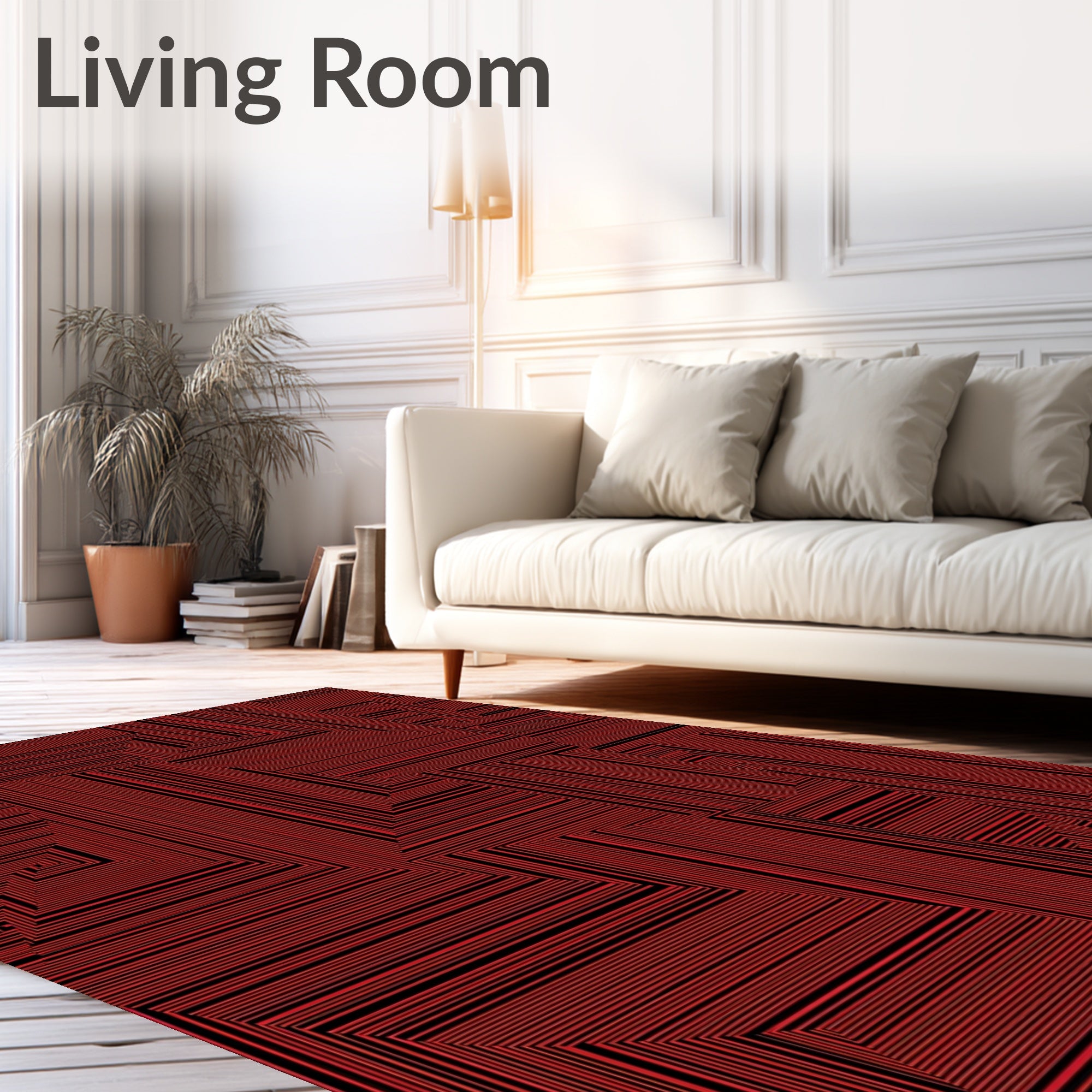 Red Black Abstract Geometric Lines Rug