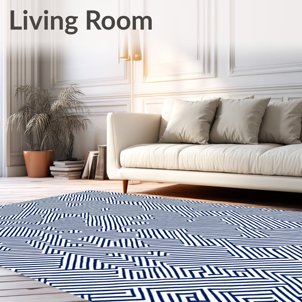 Abstract Maze Blue Line Pattern Rug