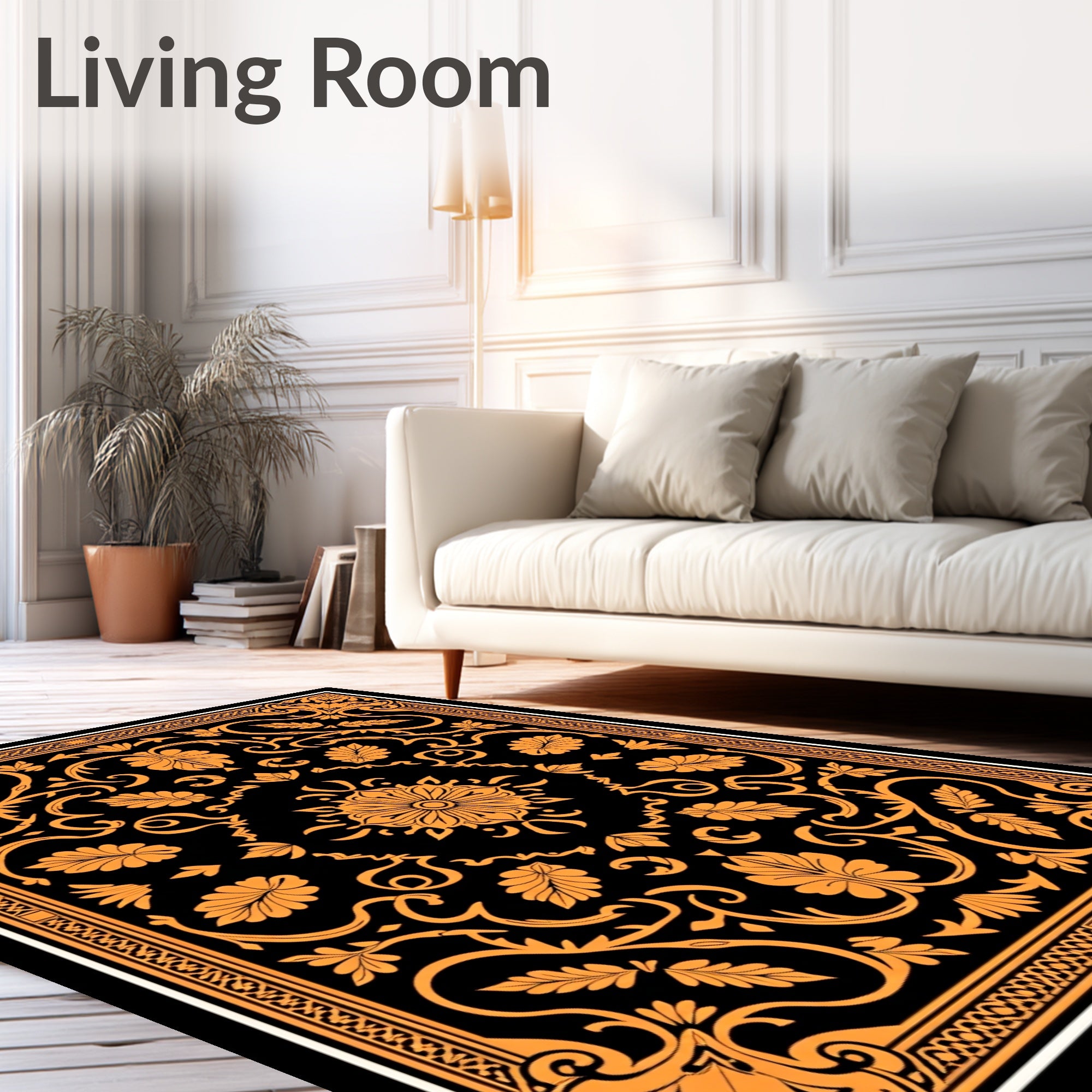 Ornate Black Orange Floral Scroll Rug