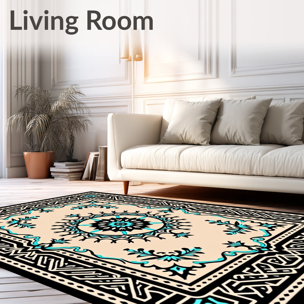 Black Teal Cream Geometric Medallion Rug