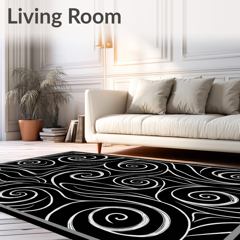 Dramatic Black White Swirl Pattern Rug