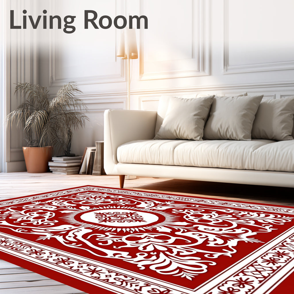 Red White Ornate Floral Pattern Rug