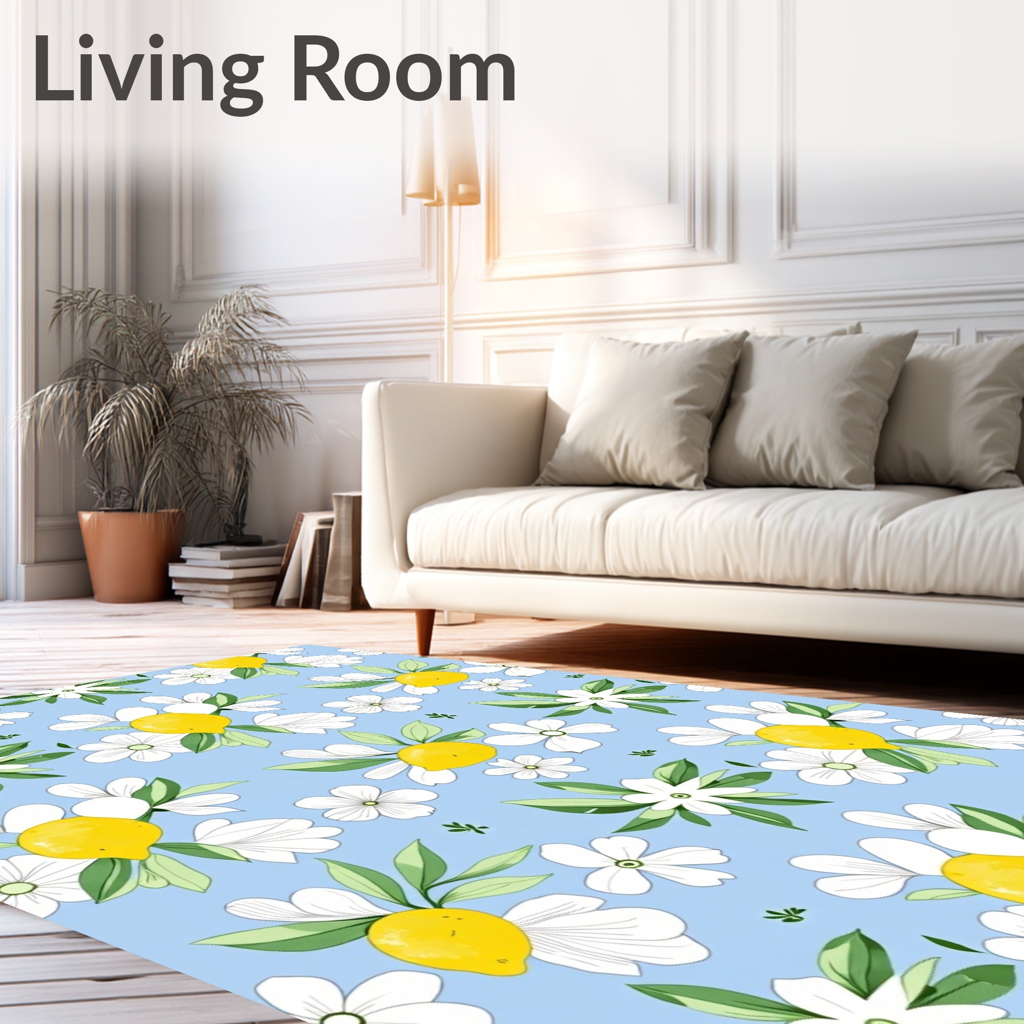 White Floral Lemon Pattern Rug