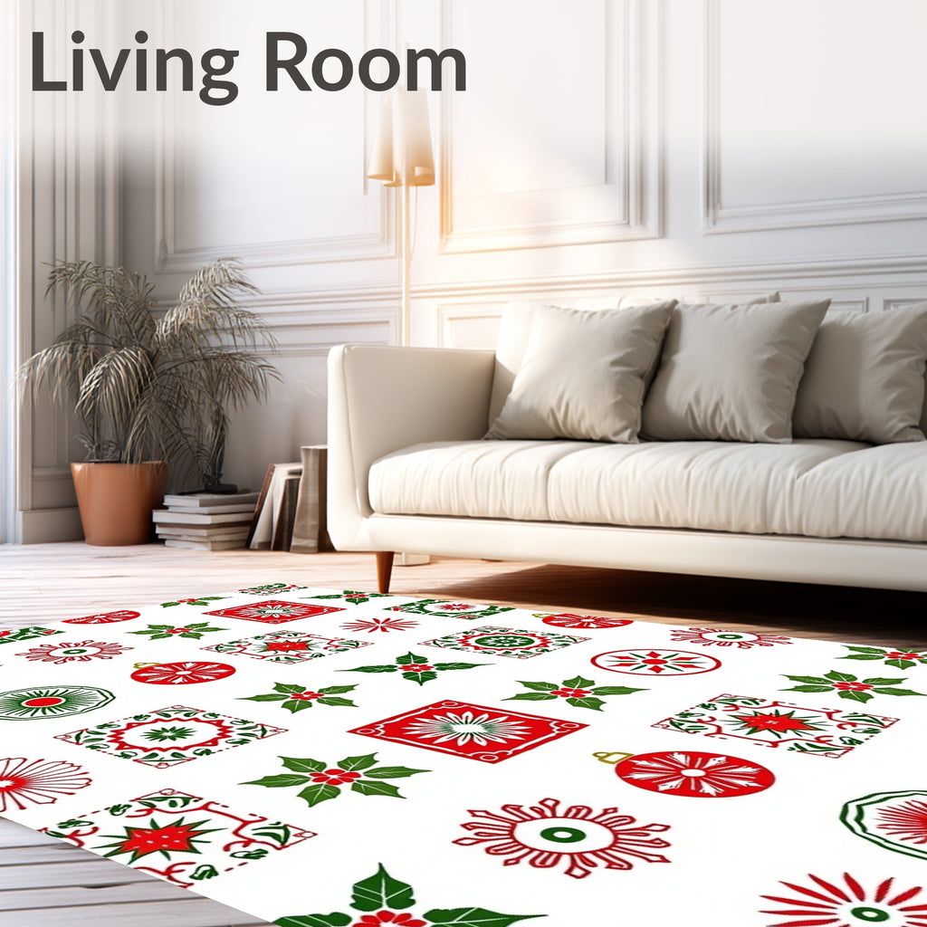 Festive Red Green Holly Ornaments Medallions Rug