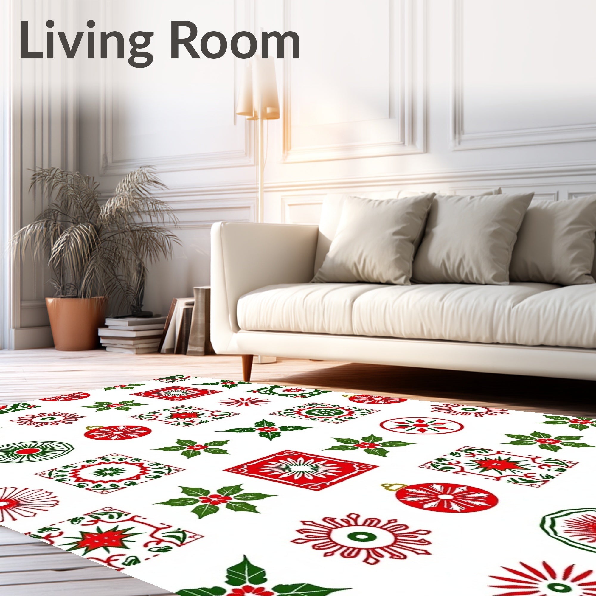 Festive Red Green Holly Ornaments Medallions Rug