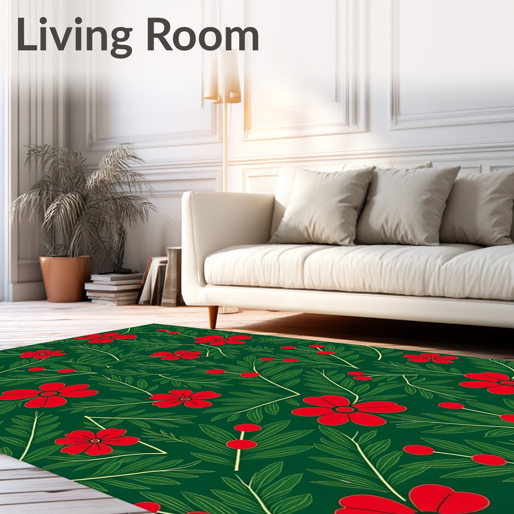 Red Floral Green Leaf Arrangement Rug