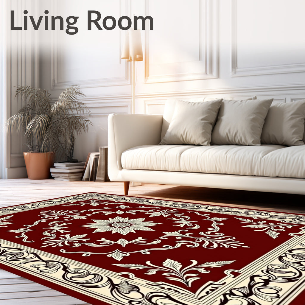 Ornate Floral Patterned Burgundy Rug