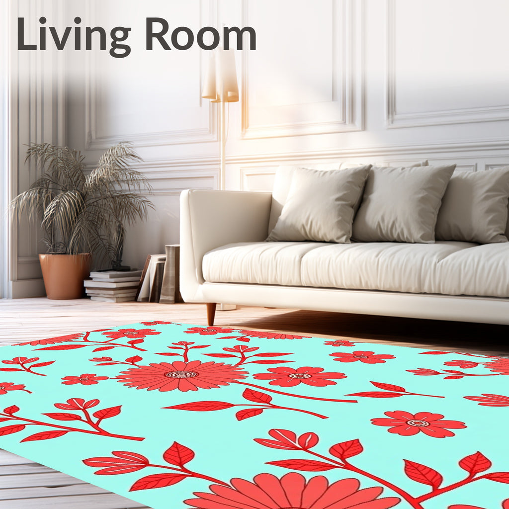 Bright Floral Pattern Red on Aqua Rug