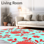 Bright Floral Pattern Red on Aqua Rug