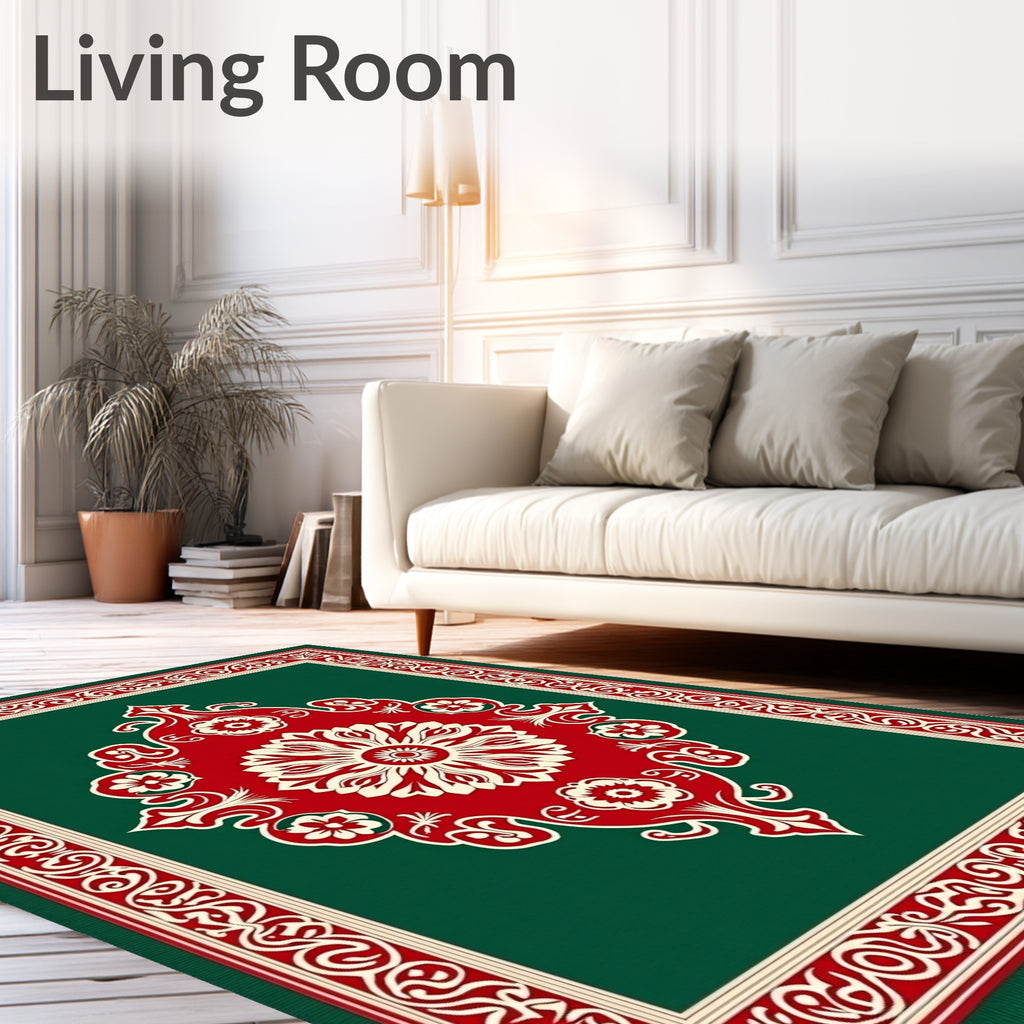 Ornate Floral Crimson Red Green Rug