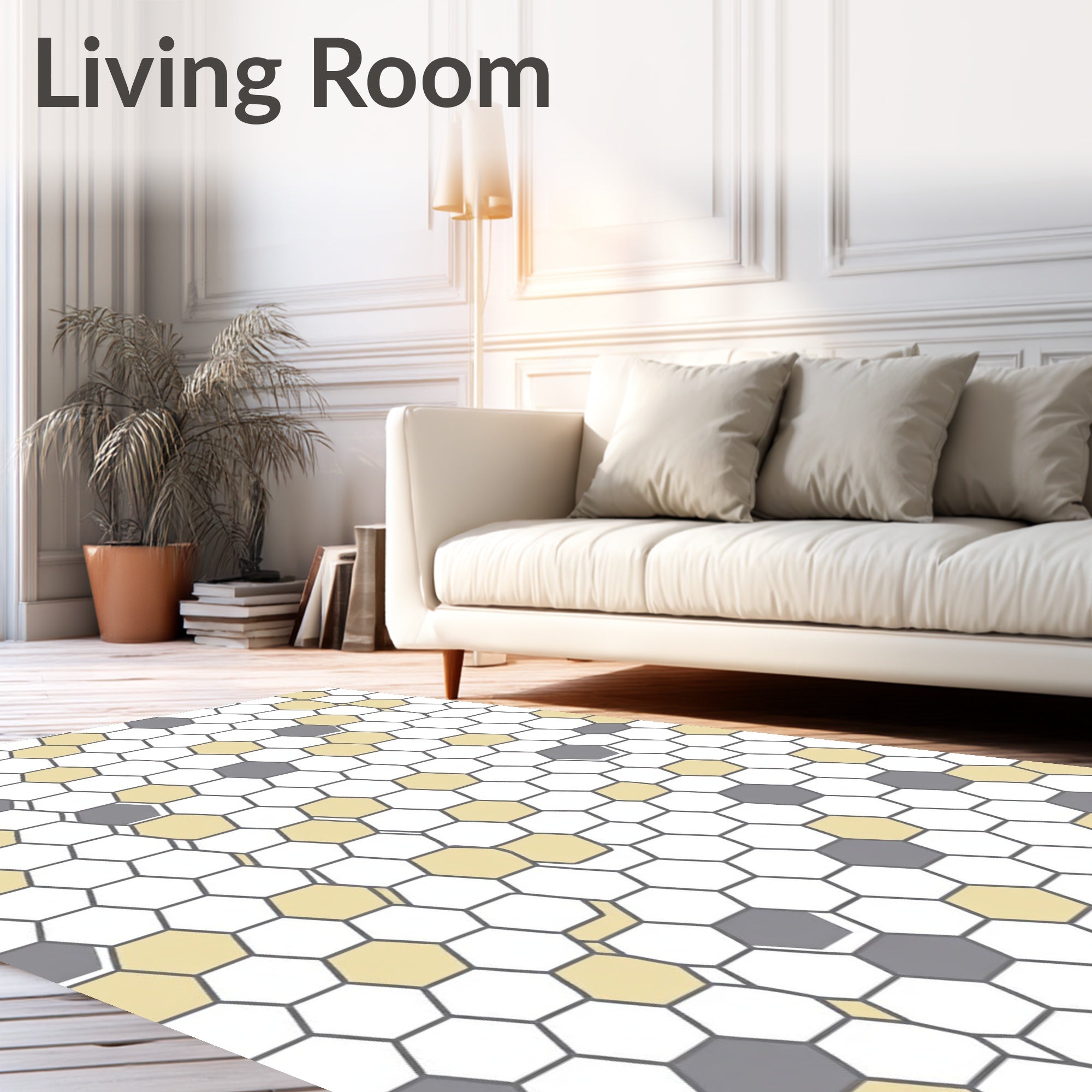 Yellow Grey Geometric Hexagons Pattern Rug