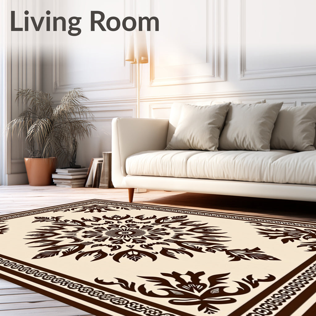 Dark Brown Floral Medallion Cream Rug