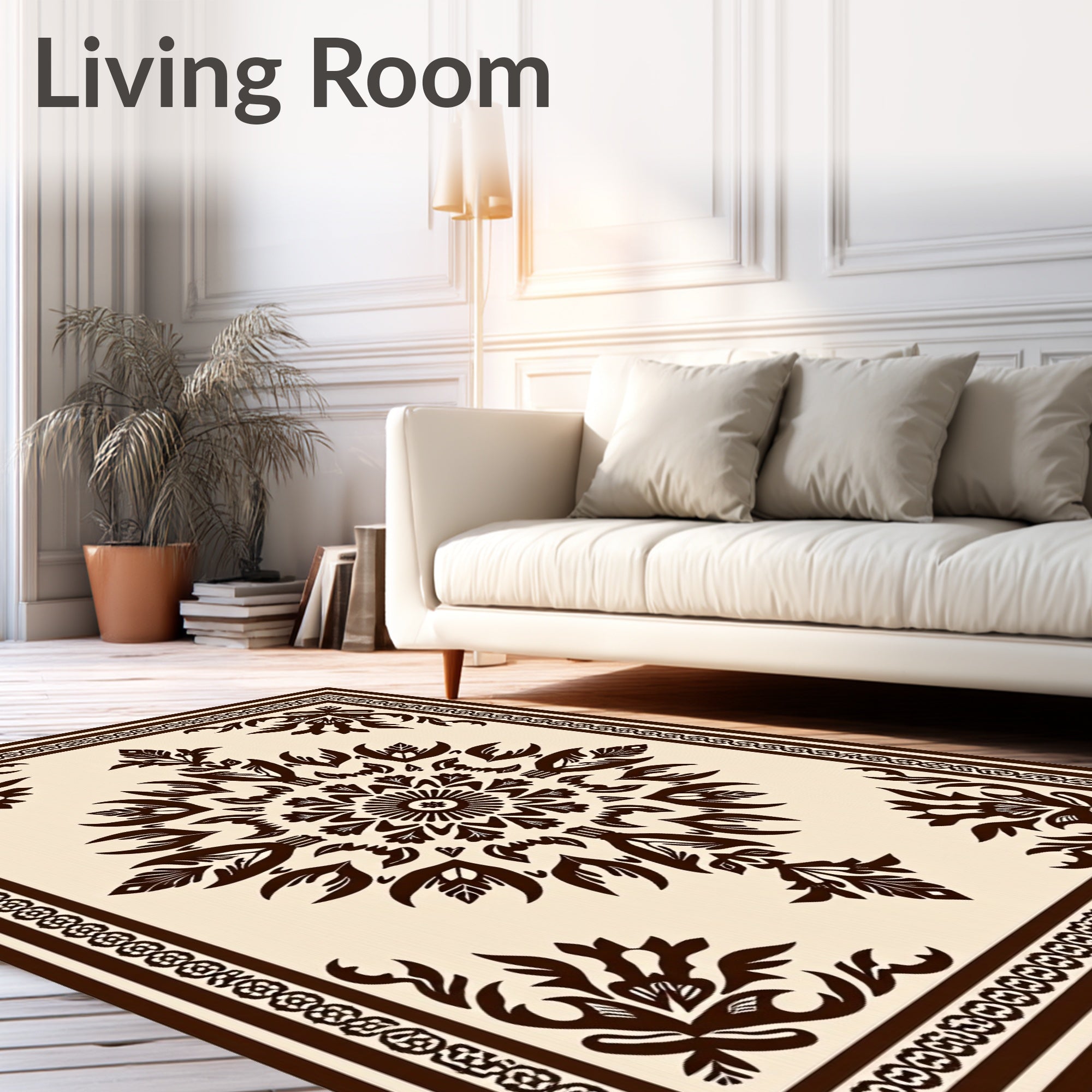 Dark Brown Floral Medallion Cream Rug