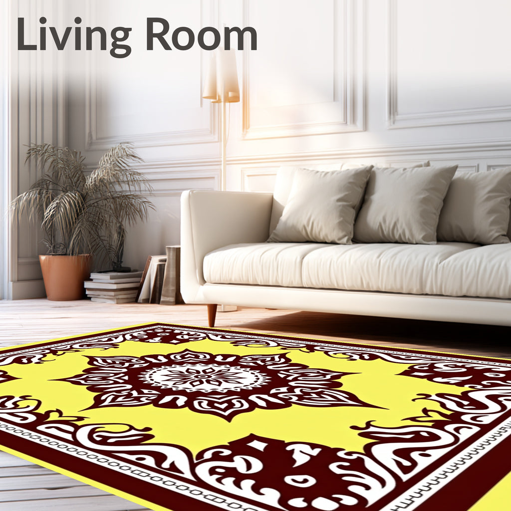 Ornate Yellow Burgundy Mandala Pattern Rug