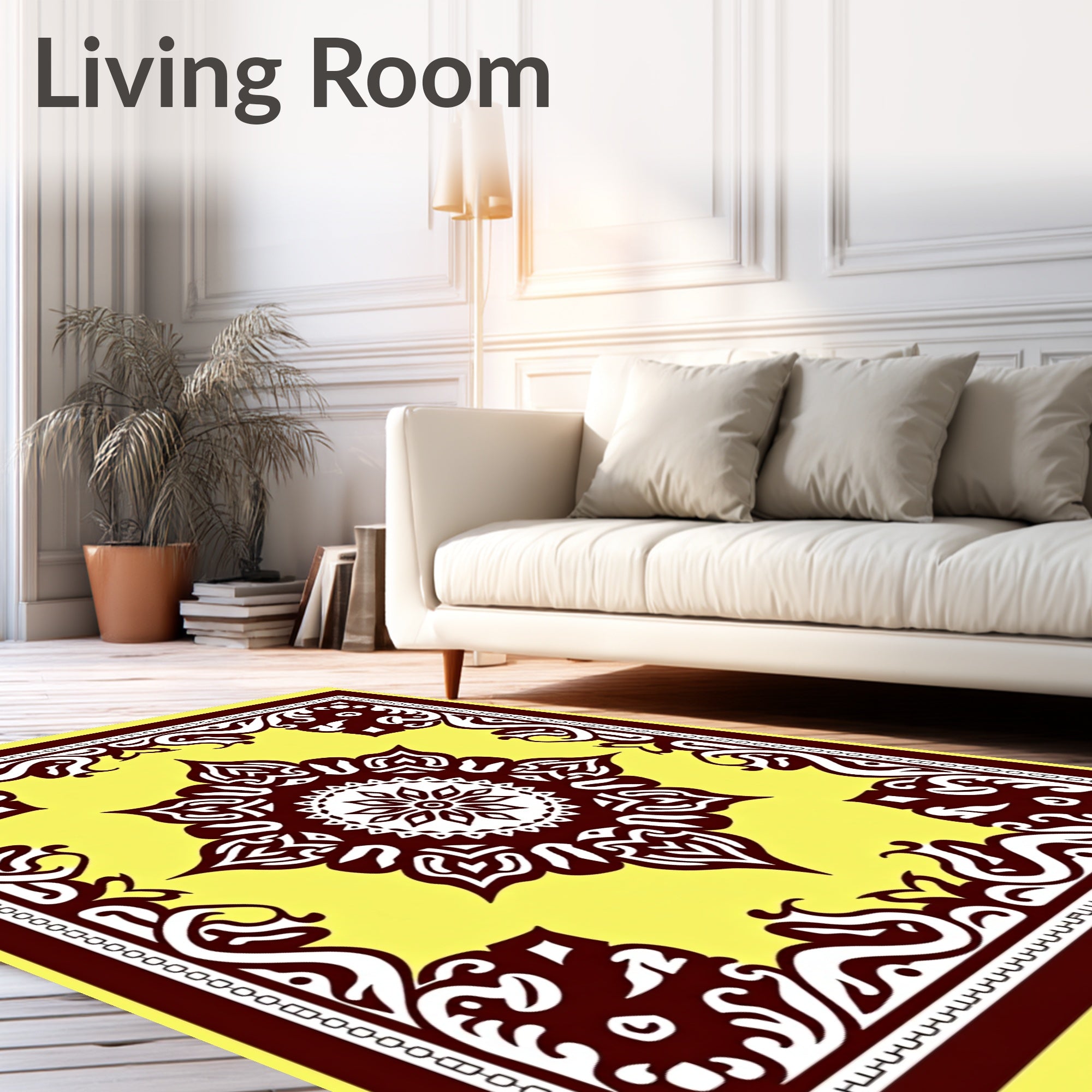 Ornate Yellow Burgundy Mandala Pattern Rug