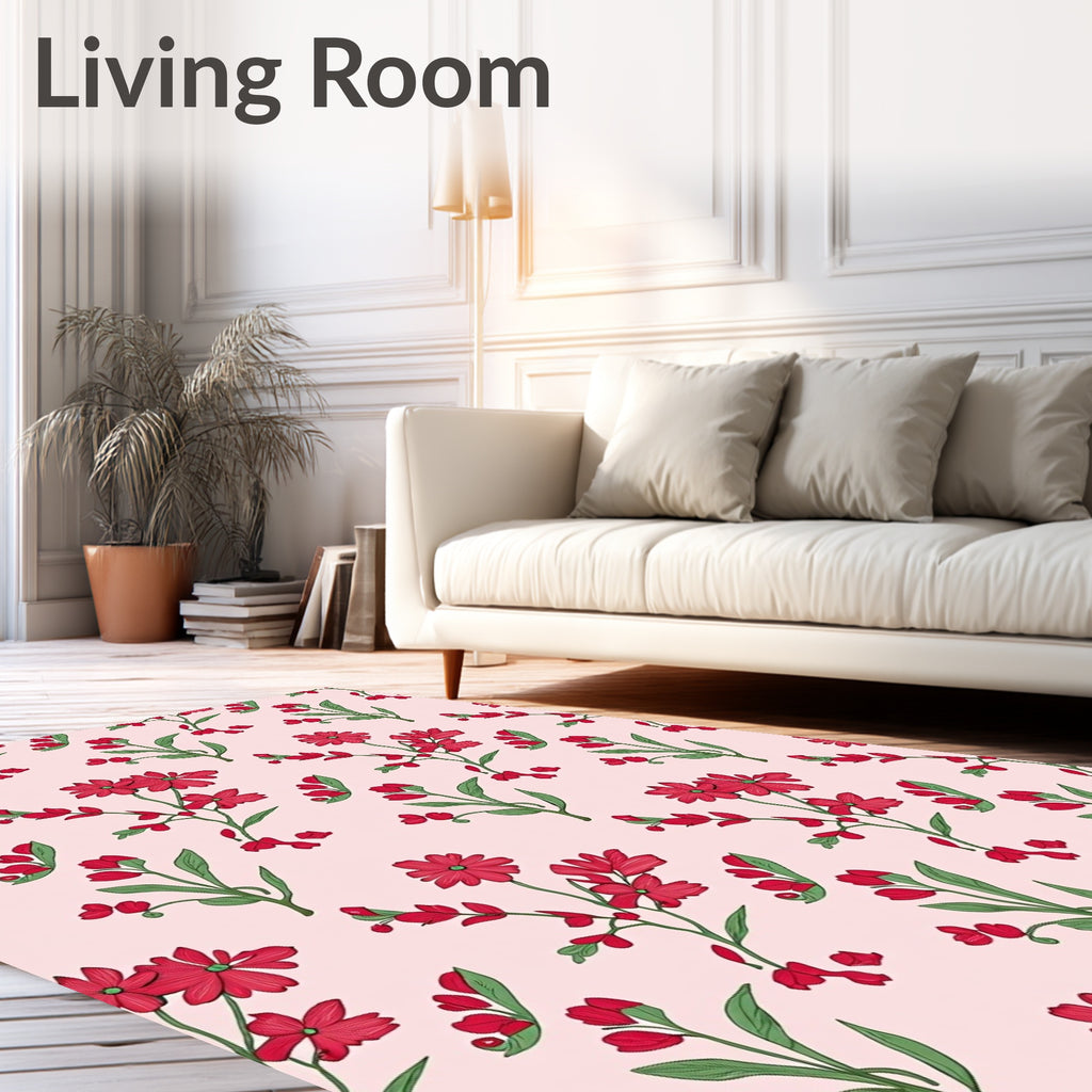 Red Floral Branches On Pink Background Rug