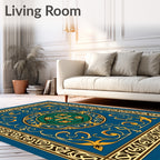 Ornate Blue Gold Interlocking Pattern Rug