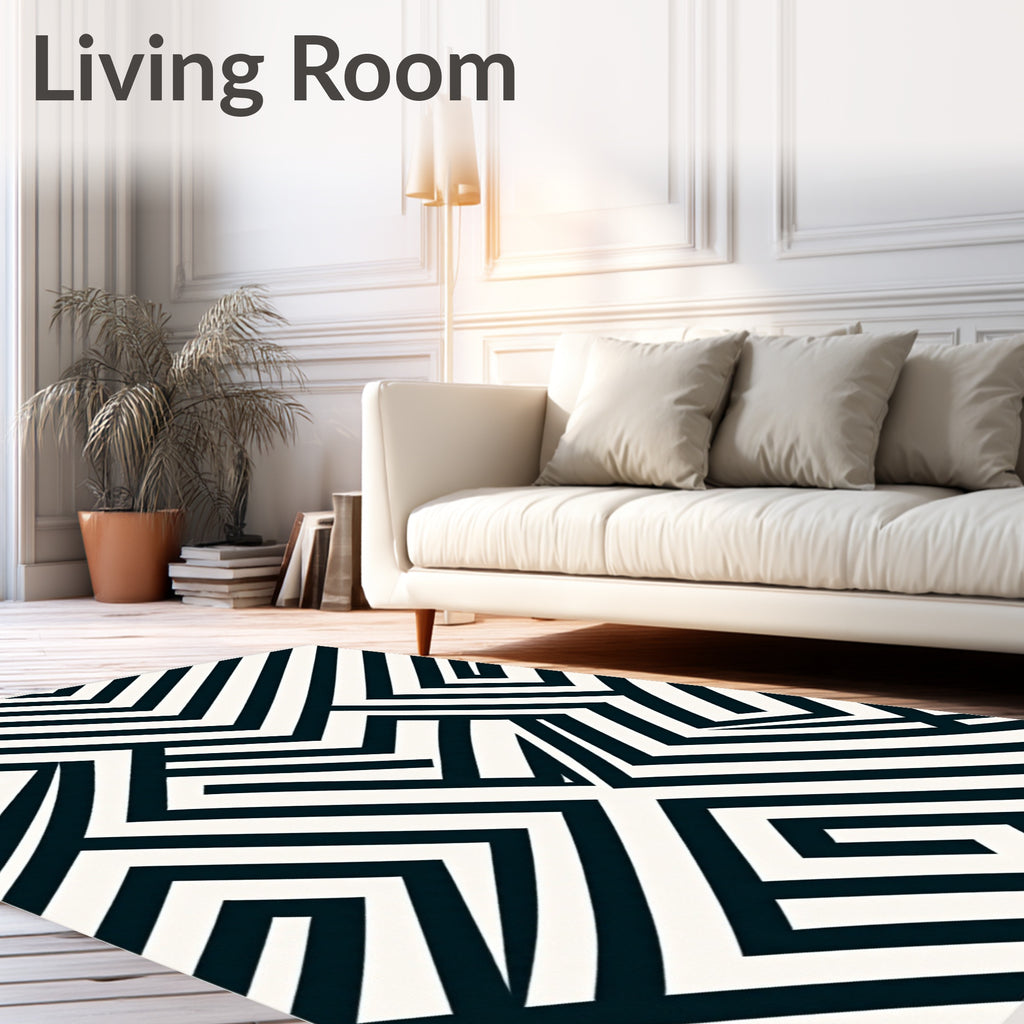 Modern Black White Geometric Maze Rug