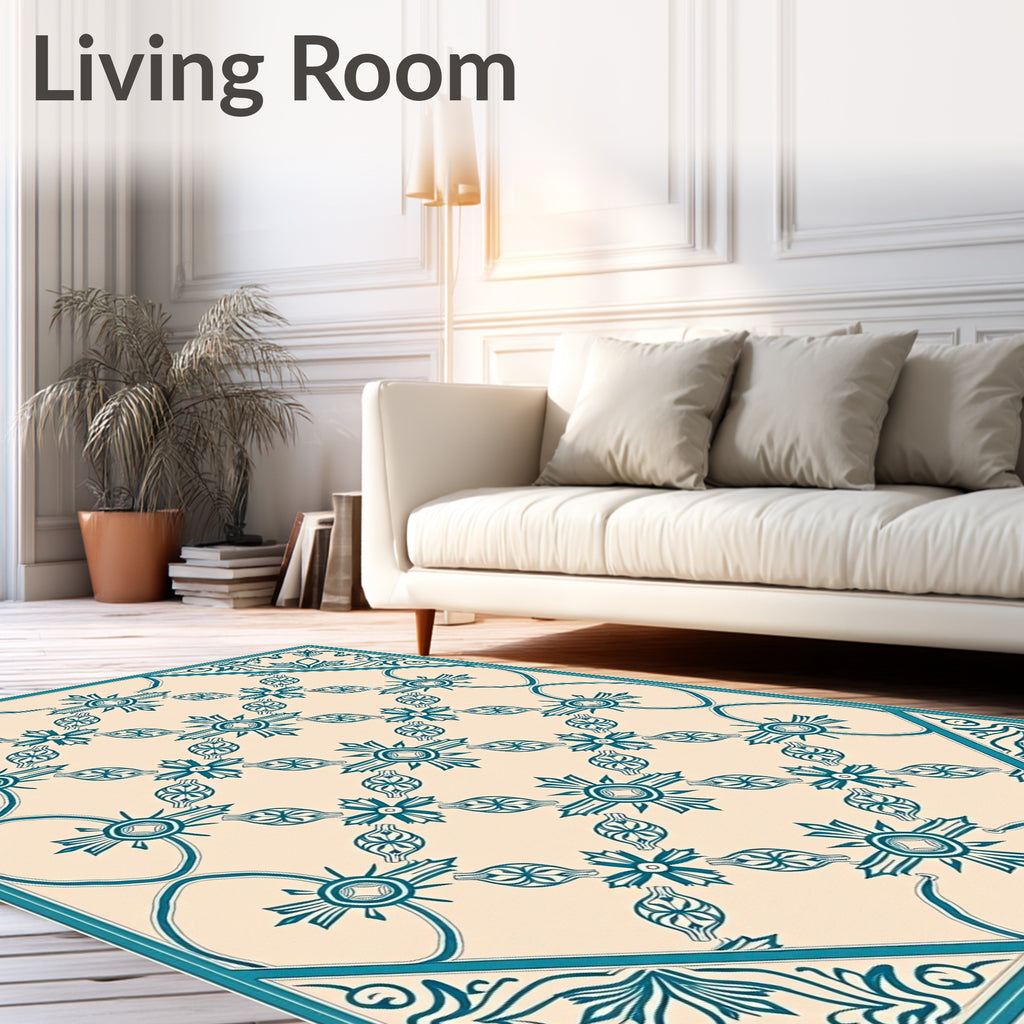 Teal Floral Medallion Patterned Rug