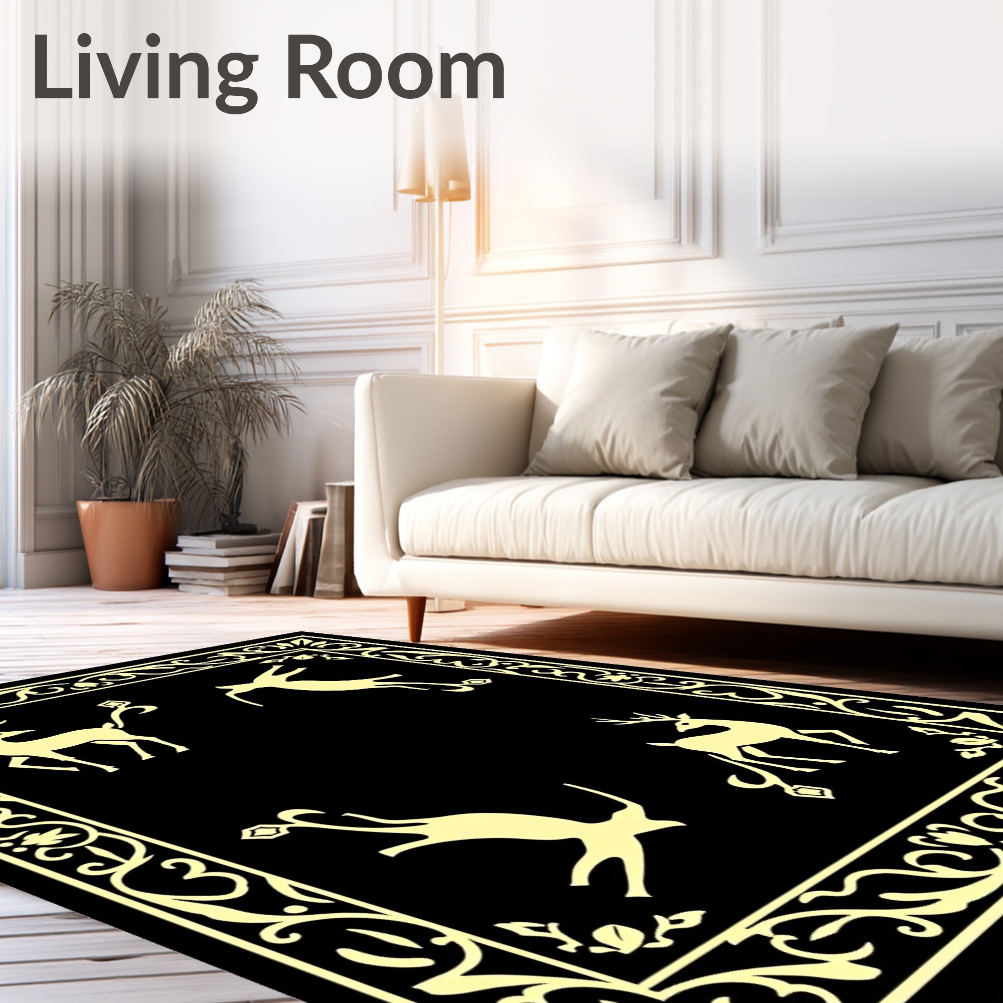 Golden Deer In Ornate Black Frame Rug