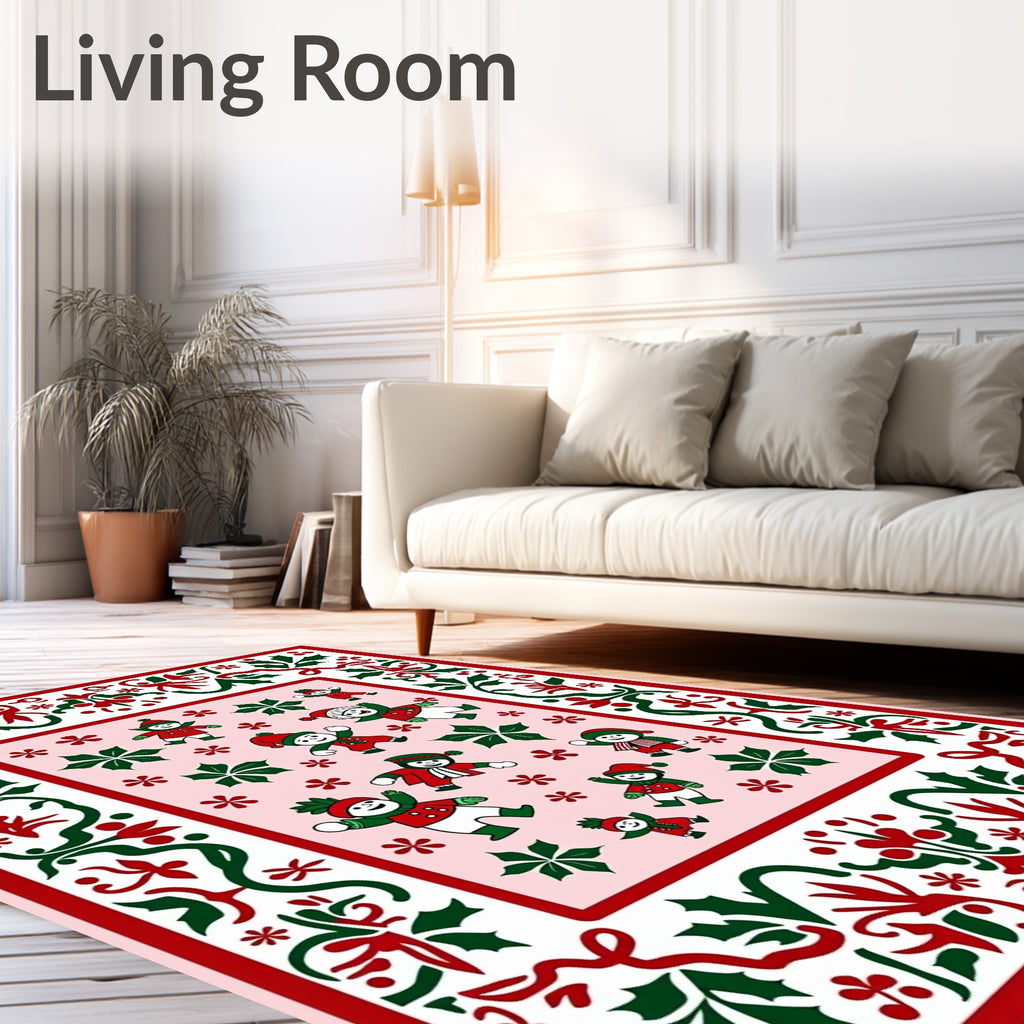 Festive Red Green Christmas Snowman Border Rug