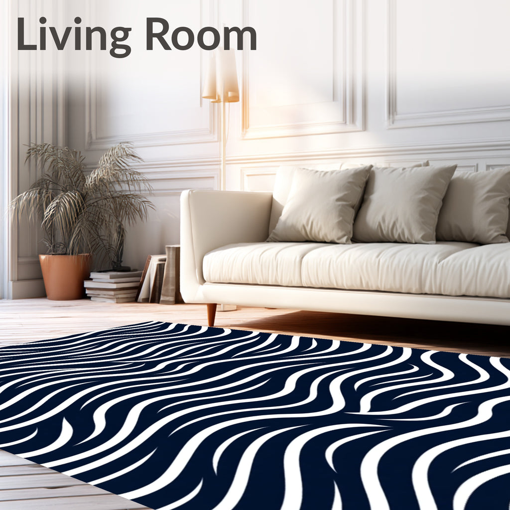 Dark Blue White Wave Pattern Rug