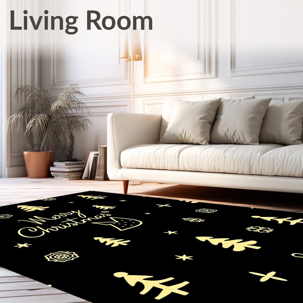 Festive Gold Christmas Trees Snowflakes Accents Rug
